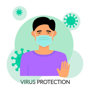 Virüslerin arka planında koruyucu tıbbi maske takan genç bir adam. Virüs koruması. Poster, afiş. Düz vektör çizimi beyaz arkaplanda izole edildi