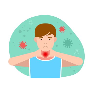Boğazı ağrıyan genç bir adam virüslerin arka planında boynuna dokunuyor. Karakter simgesi. Beyaz arkaplanda düz vektör çizimi. Boğaz ağrısı, ARVI, koronavirüs, grip konsepti