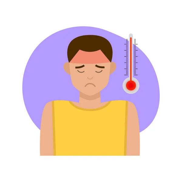 Jovem Triste Com Alta Temperatura Febre Dor Cabeça Doença Termómetro — Vetor de Stock