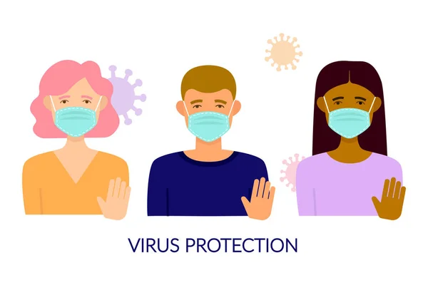 Koruyucu maskeli, farklı ten renginde bir grup genç. Virüs koruması. Coronavirus, ARVI, Influenza, pandemik konsepti durdurun. Beyaz arkaplanda izole edilmiş vektör düz illüstrasyon