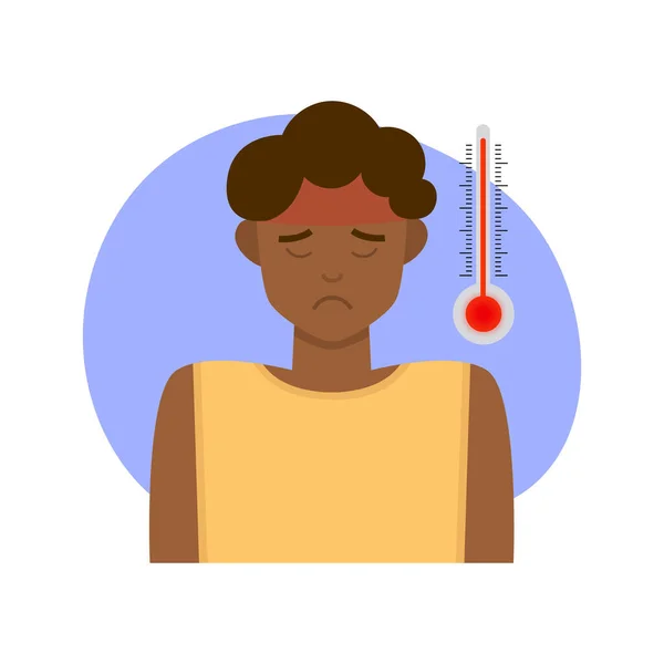 Jovem Negro Com Alta Temperatura Febre Dor Cabeça Doença Termómetro — Vetor de Stock