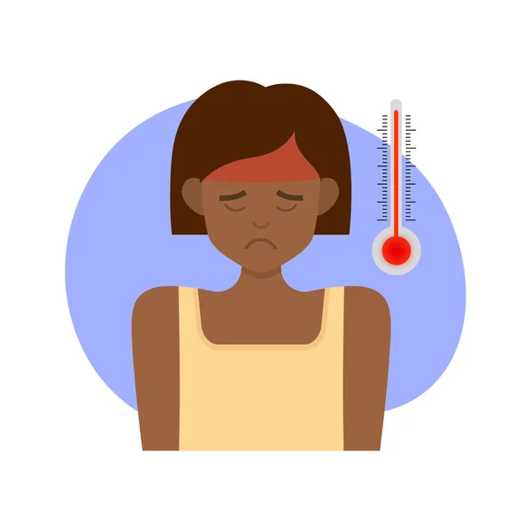 Mulher Negra Jovem Com Alta Temperatura Febre Dor Cabeça Doença — Vetor de Stock