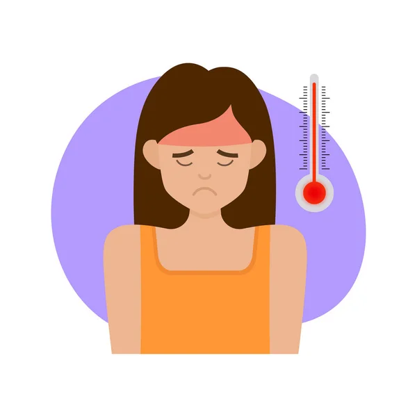 高温と熱の若い悲しい女性 体温計だ 白い背景のフラットベクトルイラスト Arvi コロナウイルス インフルエンザの概念 — ストックベクタ