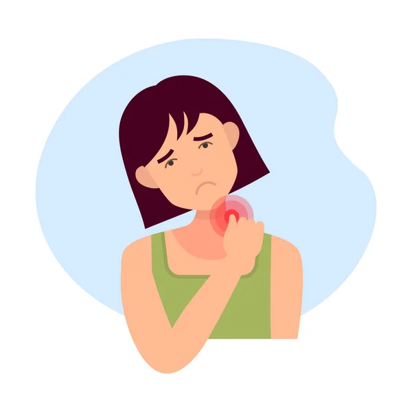 Joven mujer triste con dolor de cuello, cuello tecnológico — Vector de stock