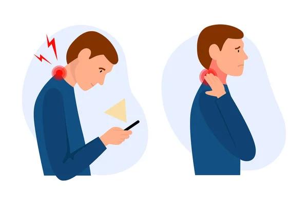 Telefon ve boyun ağrısı çeken kötü duruşu olan bir adam.