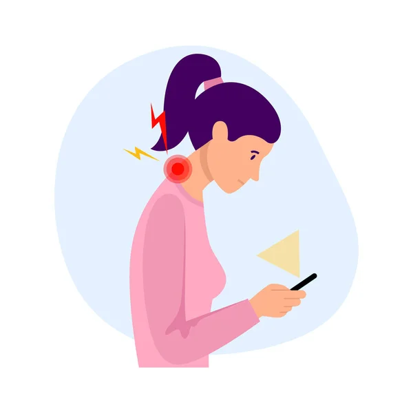 Telefon kullanırken kötü duruşu olan bir kız, teknoloji boyunlu.