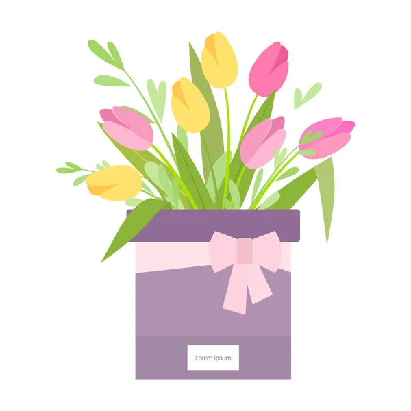 .Ein Strauß Tulpen in einer Geschenkbox mit Schleife. — Stockvektor