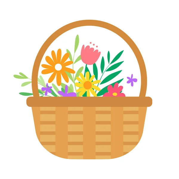 Panier en osier avec fleurs, cadeau de vacances — Image vectorielle