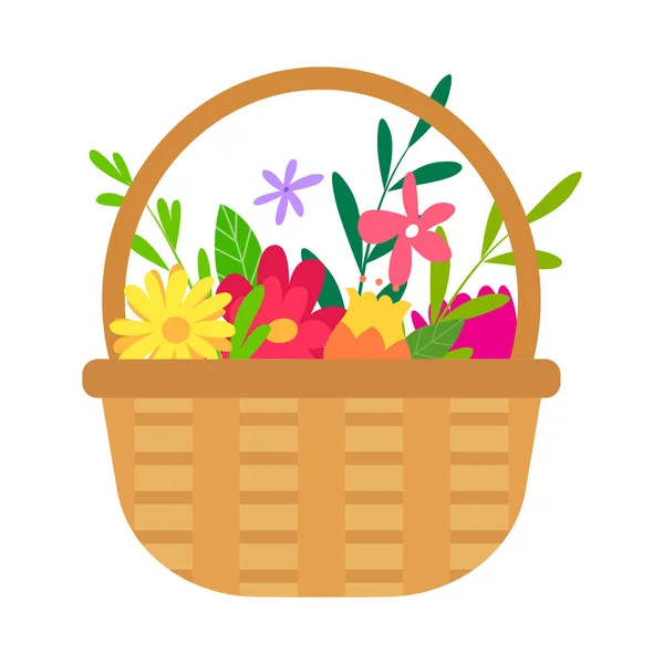 Cesta de mimbre con flores brillantes, regalo de vacaciones — Vector de stock