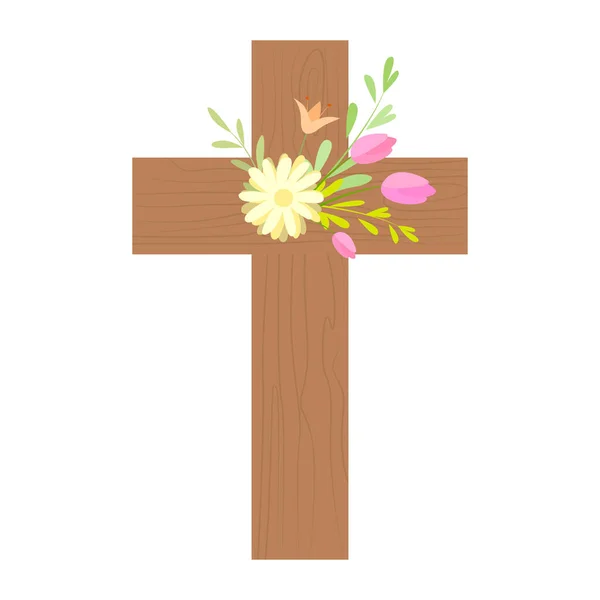 Cruz de madera decorada con delicadas flores — Vector de stock