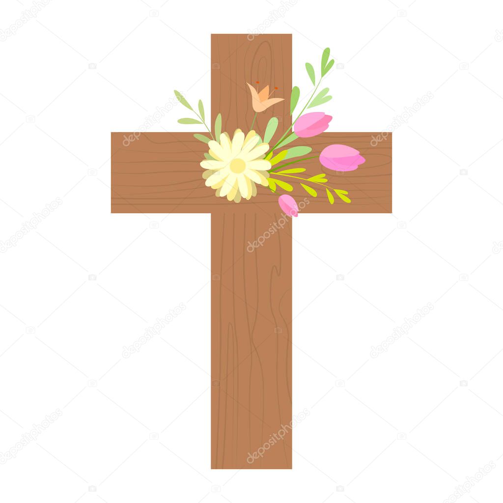 Wooden cross decorated with delicate flowers. Easter, Christ is risen. Flat vector illustration isolated on white background