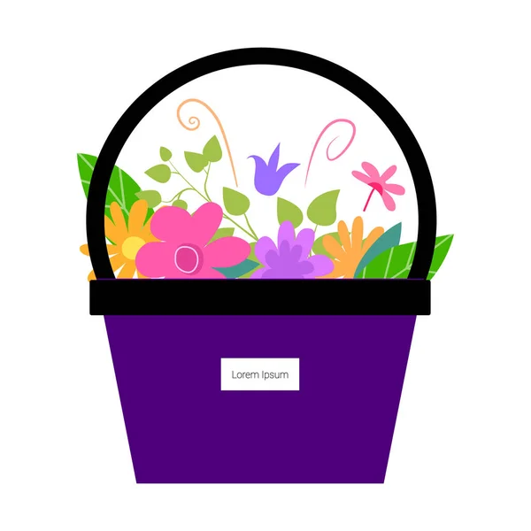 Яскравий букет квітів у фіолетовій подарунковій коробці — стоковий вектор