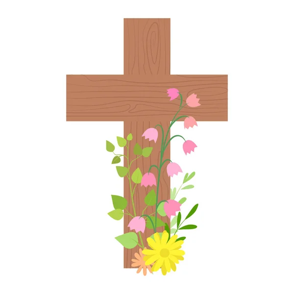 Ξύλινος Σταυρός Διακοσμημένος Πράσινα Κλαδιά Και Λουλούδια Πάσχα Χριστός Αναστήθηκε — Διανυσματικό Αρχείο