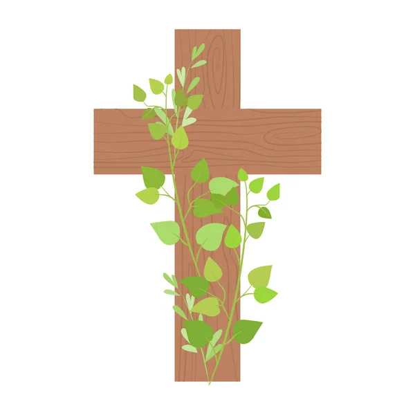 Wooden Cross Decorated Green Branches Easter Christ Risen Flat Vector — Stock Vector
