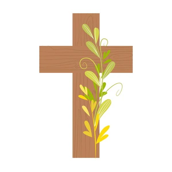Drewniany Krzyż Ozdobiony Zieloną Gałęzią Roślinami Wielkanoc Chrystus Zmartwychwstał Płaska — Wektor stockowy