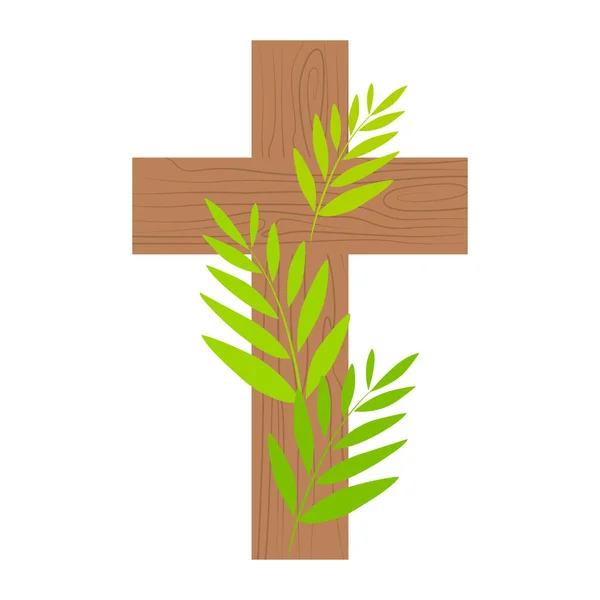 ヤシの枝で飾られた木製の十字架 イースター キリストはよみがえられました 白い背景に隔離されたフラットベクトルイラスト — ストックベクタ