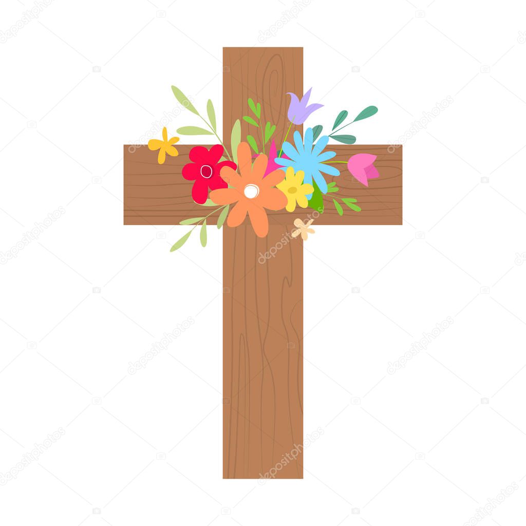 A cute wooden cross decorated with colorful flowers. Easter, Christ Christ is risen. Flat vector illustration isolated on white background