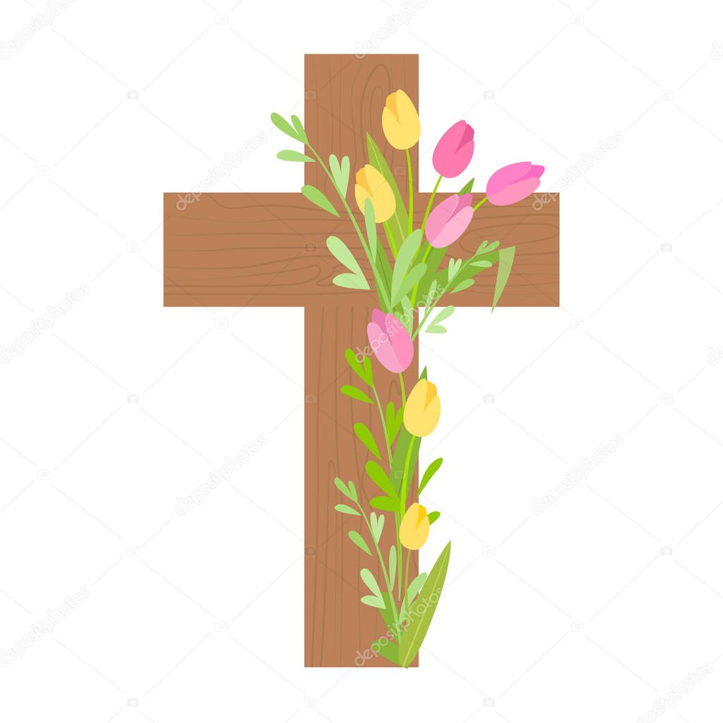 Wooden cross decorated with beautiful flowers - tulips. Easter, Christ is risen. Flat vector illustration isolated on white background