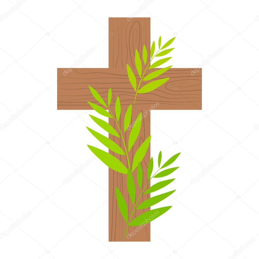 Wooden cross decorated with palm branches. Easter, Christ is risen. Flat vector illustration isolated on white background