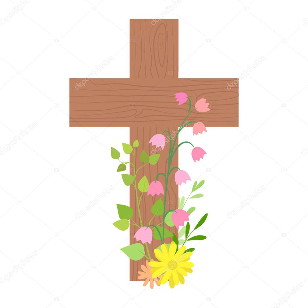 Wooden cross decorated with green branches and flowers. Easter, Christ is risen. Flat vector illustration isolated on white background