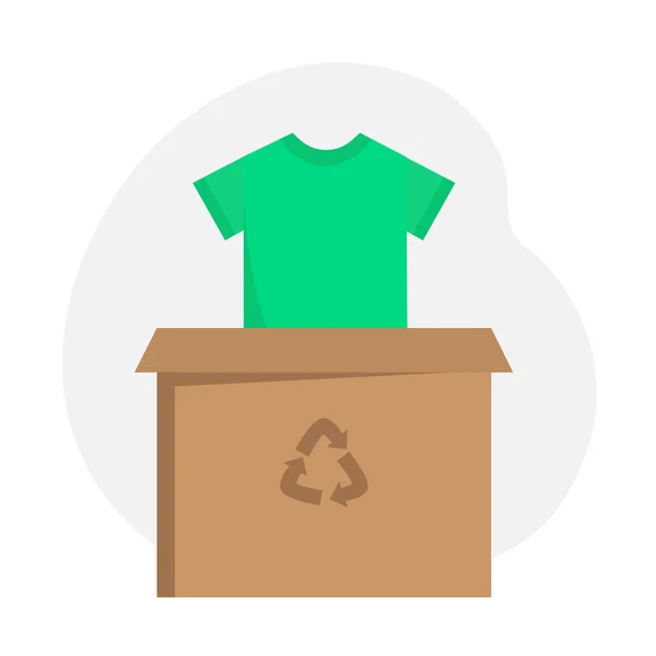 Scatola con t-shirt verde. Riciclaggio abbigliamento — Vettoriale Stock