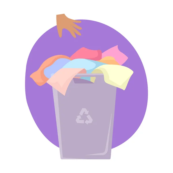 Eine Hand wirft Kleidung in einen Container mit Altkleidern zum Recycling — Stockvektor