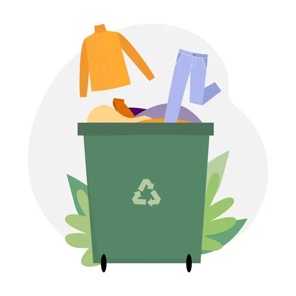 Container mit verschiedenen Kleidungsstücken für Recycling oder Spenden. Vektorillustration — Stockvektor