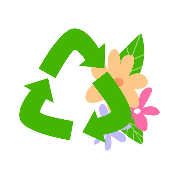 Groene recycling teken op de achtergrond van planten met bloemen. Cartoon icoon. Ecologisch concept — Stockvector