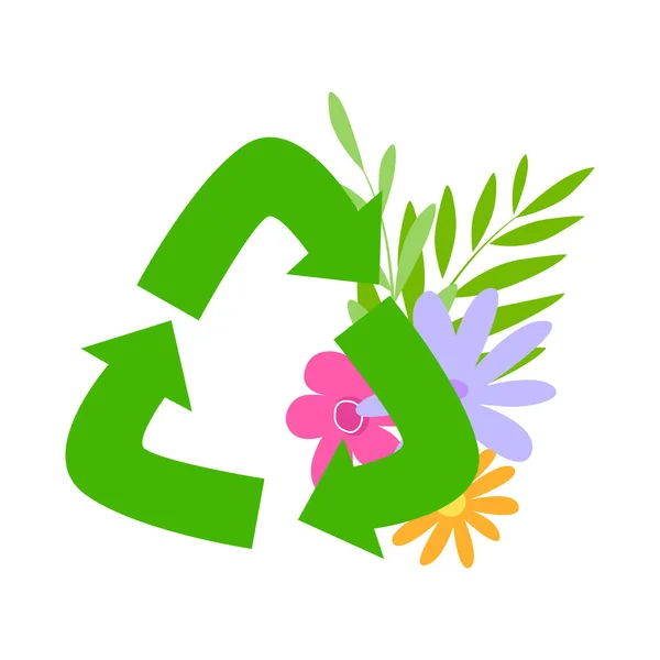 Grünes Recyclingschild auf dem Hintergrund von Pflanzen. Cartoon-Symbol mit Blumen. Ökologisches Konzept — Stockvektor