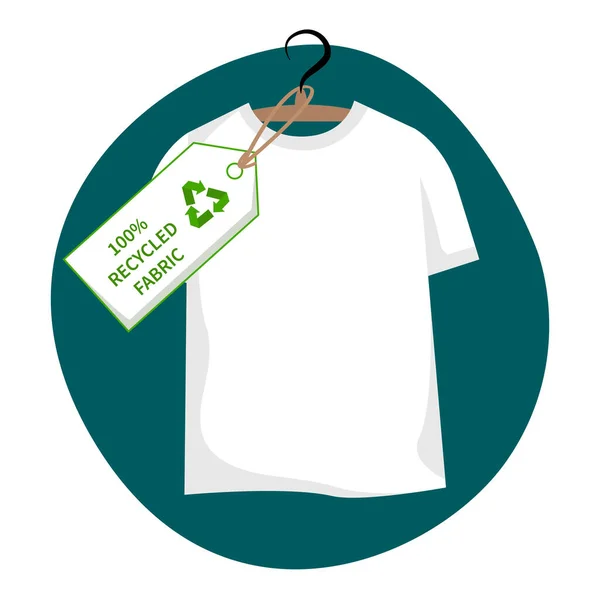 Pakaian dengan label - 100 kain daur ulang, tanda persen. T-shirt putih di gantungan dengan label eco, daur ulang pakaian - Stok Vektor