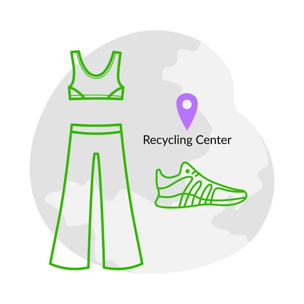 リサイクルセンター、地図上の服の寄付。緑の服のアイコン- Tシャツ、パンツ、スニーカー — ストックベクタ