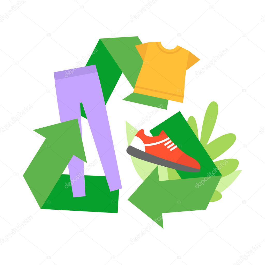 Clothing recycling concept. A large green recycling sign with clothes on a background of plants