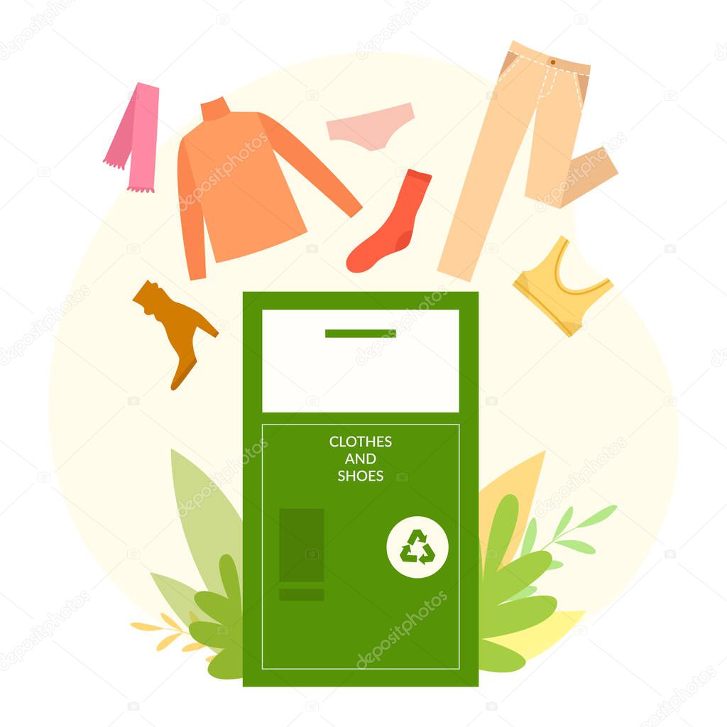 A green container with different types of clothes for recycling or donations. Vector