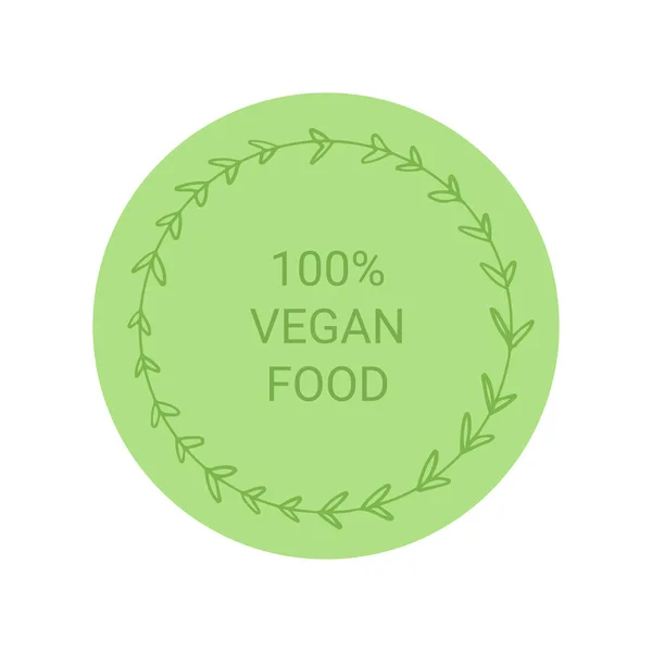 100 etiqueta de comida vegana. Pegatina redonda verde, signo con marco floral. Vector — Archivo Imágenes Vectoriales