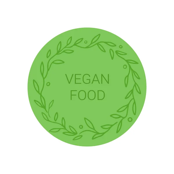 Etiqueta de comida vegana. Signo verde redondo, pegatina con marco floral. Vector — Archivo Imágenes Vectoriales