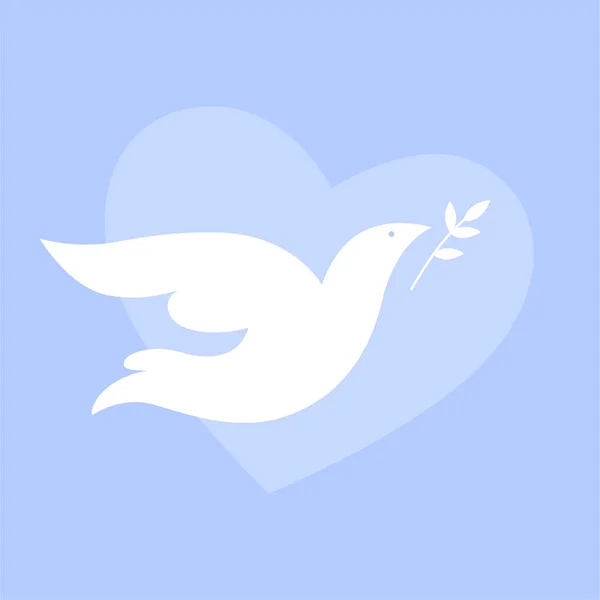 White dove with a branch on the background of a heart on a blue background. A symbol of peace. No war concept. Vector — Stock Vector