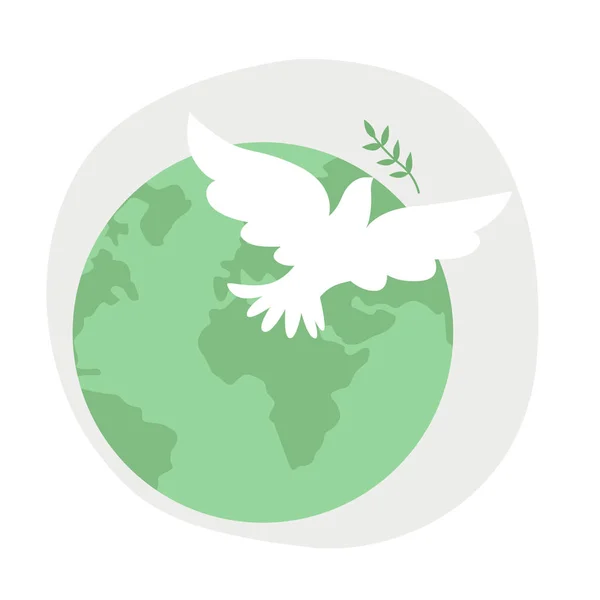 Une colombe blanche avec une branche vole sur le fond d'une planète verte. Jour de la Terre — Image vectorielle