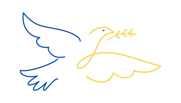 Una colomba lineare con un ramo nei colori della bandiera ucraina. Illustrazione vettoriale — Vettoriale Stock