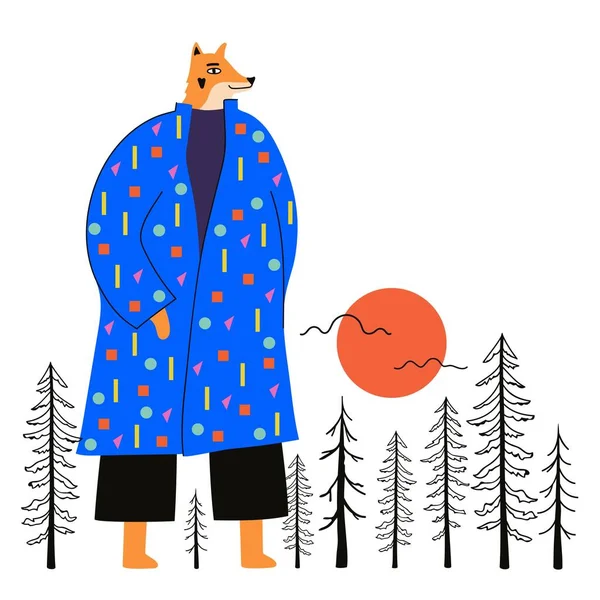 抽象的な冬のコートでキツネとベクトルイラスト ドードル松の木と太陽 森の中 秋の時間を歩くことについての動物とトレンディなプリントデザイン — ストックベクタ