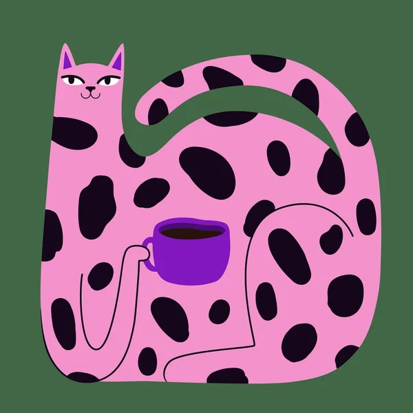 Illustrazione Vettoriale Con Enorme Gatto Rosa Che Beve Caffè Dalla — Vettoriale Stock