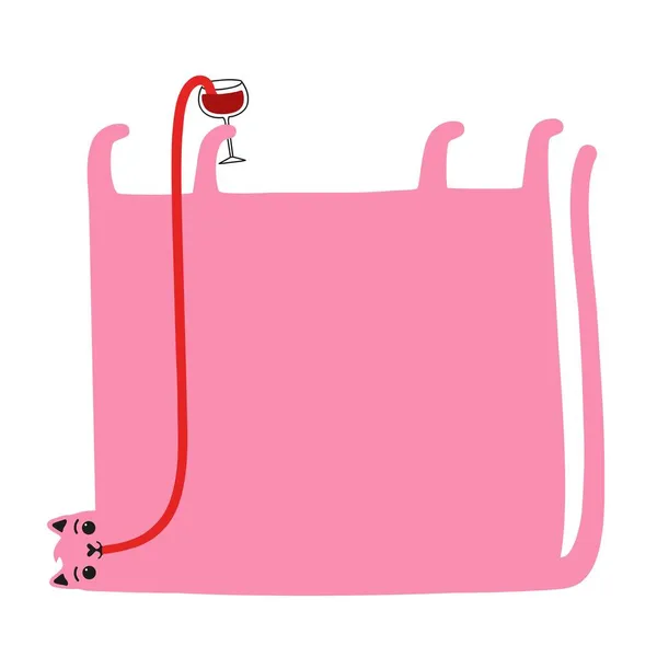 Vector Illustratie Met Enorme Roze Kat Die Wijn Drinkt Uit — Stockvector