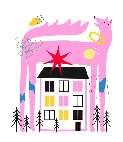Vektor Illusztráció Rózsaszín Róka Vagy Kutya Ház Színes Ablakokkal Doodle — Stock Vector
