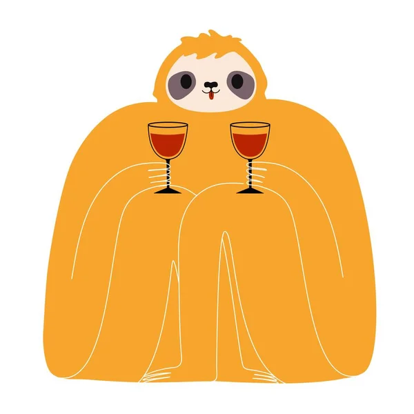 Vector Illustration Sloth Glasses Red Wine Cute Funny Colored Print — Wektor stockowy