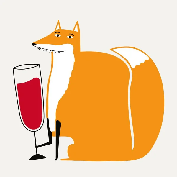 Vector Illustration Ginger Fox Holding Glass Red Wine Funny Print — ストックベクタ