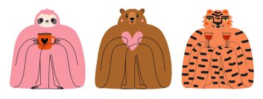 Vector set with animals and drinks. Bear holding heart, tiger with wine or cocktails and pink sloth with red cup of tea or coffee. Trendy print design collection