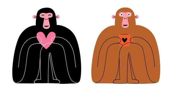 Vector Illustration Set Monkeys Holding Heart Cup Hot Drink Tea — стоковый вектор