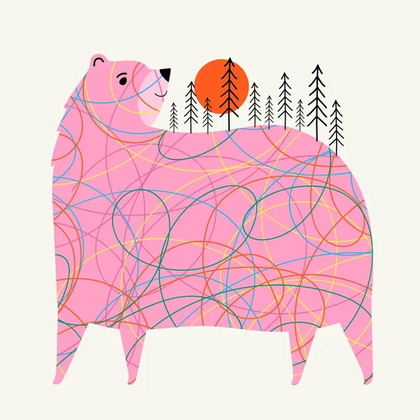 ピンクのクマ 色の抽象的なドアライン 赤い太陽と黒い松の木とベクトルイラスト 流行の自然愛好家は野生動物や森でデザインを印刷 — ストックベクタ