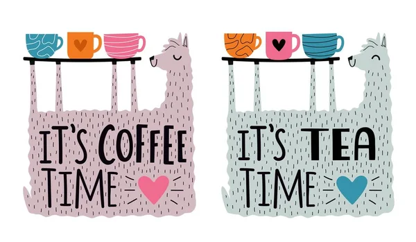 Vector Illustratie Met Lama Belettering Tekst Het Theetijd Koffie Tijd — Stockvector