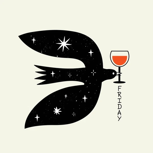 赤ワインとレタリングの単語のガラスと飛んで鳥とベクトルイラスト金曜日 面白いパーティープリントデザイン 家や抽象的なドアラインとバーの壁の装飾タイポグラフィのポスター — ストックベクタ