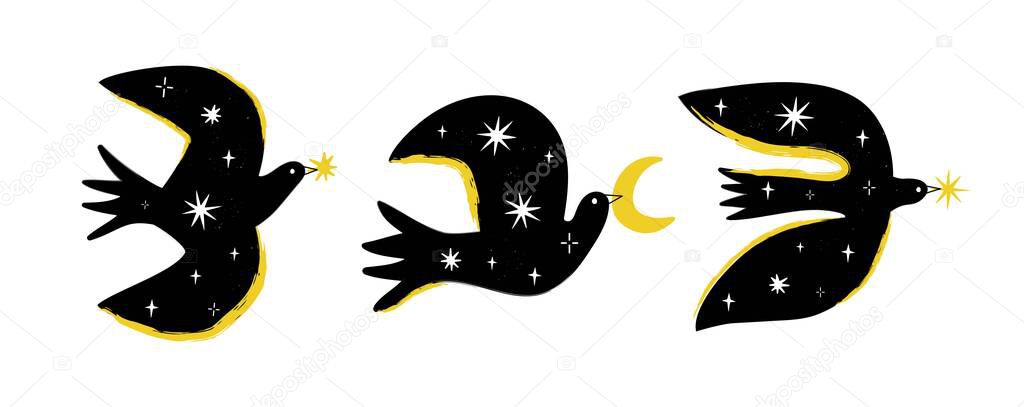 Vector illustration with black birds with white and yellow stars. Trendy print design, home decoration poster with cosmos elements